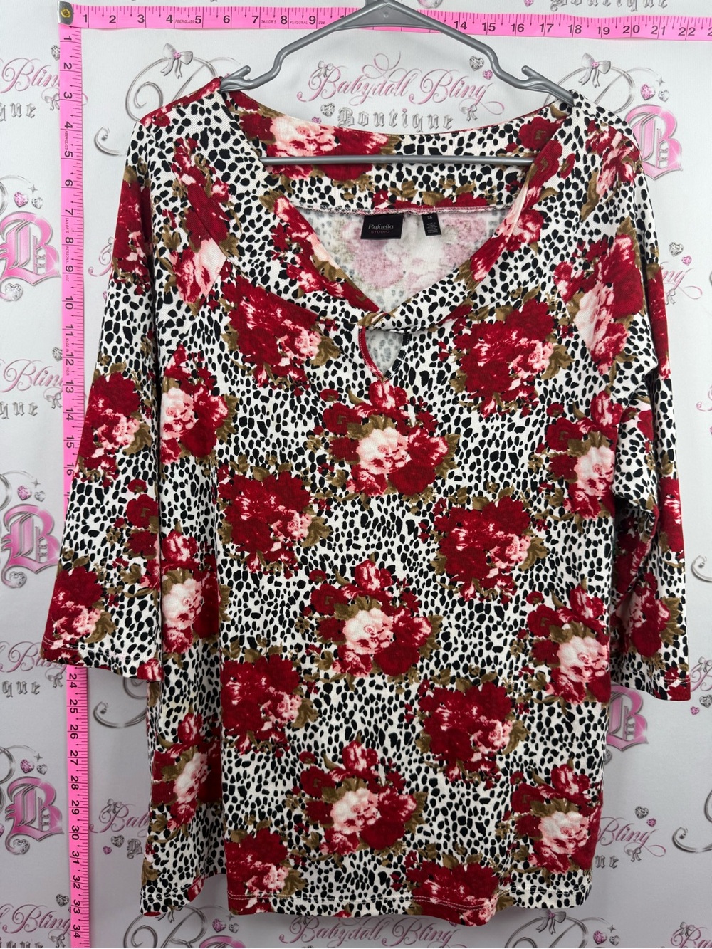 Rafaella shirt Red Floral and Black-White Spot V-Neck Top